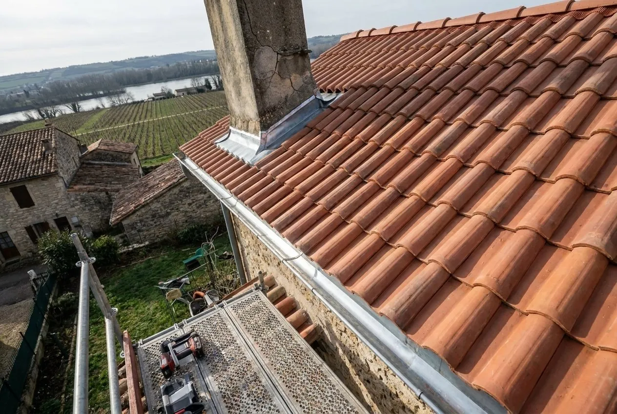 Après : couverture en tuiles canal refaite, solin zinc et gouttière neuve par Les Toits de Bayanne