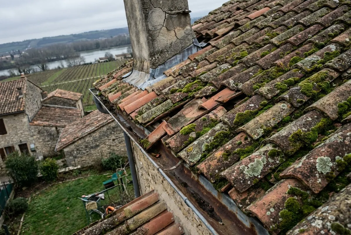 Avant : tuiles canal moussues et cassées, solin de cheminée décollé, sur une maison de pierre près de Châteauneuf-sur-Isère