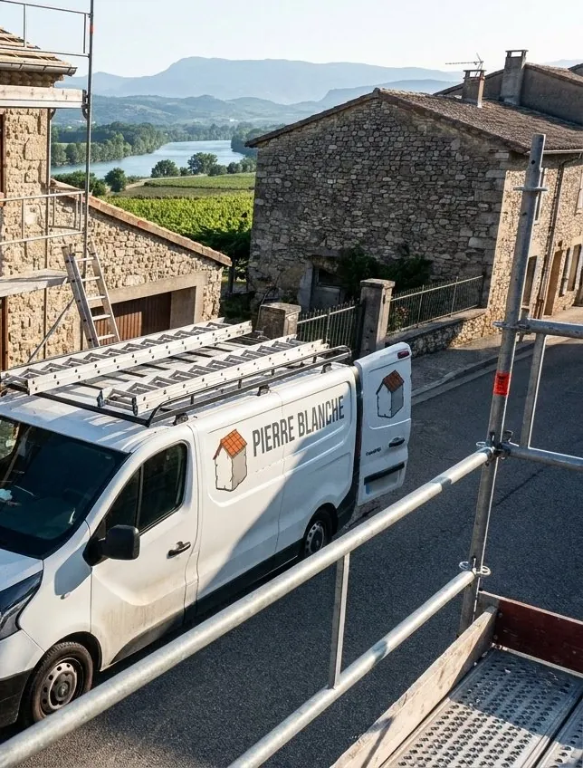 Camionnette de Les Toits de Bayanne dans une rue de village au-dessus de l'Isère