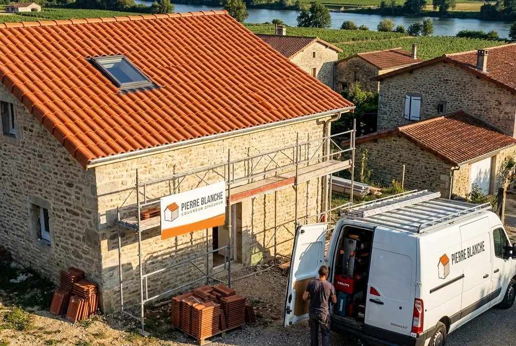 Maison en pierre à Châteauneuf-sur-Isère couverte de tuiles canal neuves par Les Toits de Bayanne, l'Isère et les vignes en fond