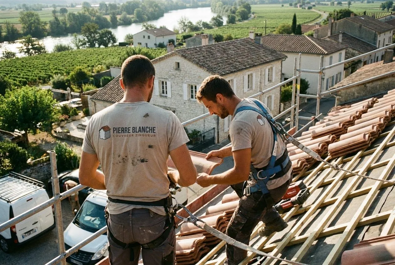 Deux couvreurs de Les Toits de Bayanne posant des tuiles canal sur liteaux neufs au-dessus de l'Isère et des vignes, Châteauneuf-sur-Isère
