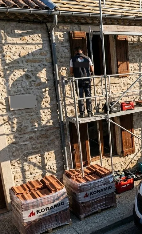 Couvreur de Les Toits de Bayanne sur l'échafaudage d'une façade en pierre à Châteauneuf-sur-Isère
