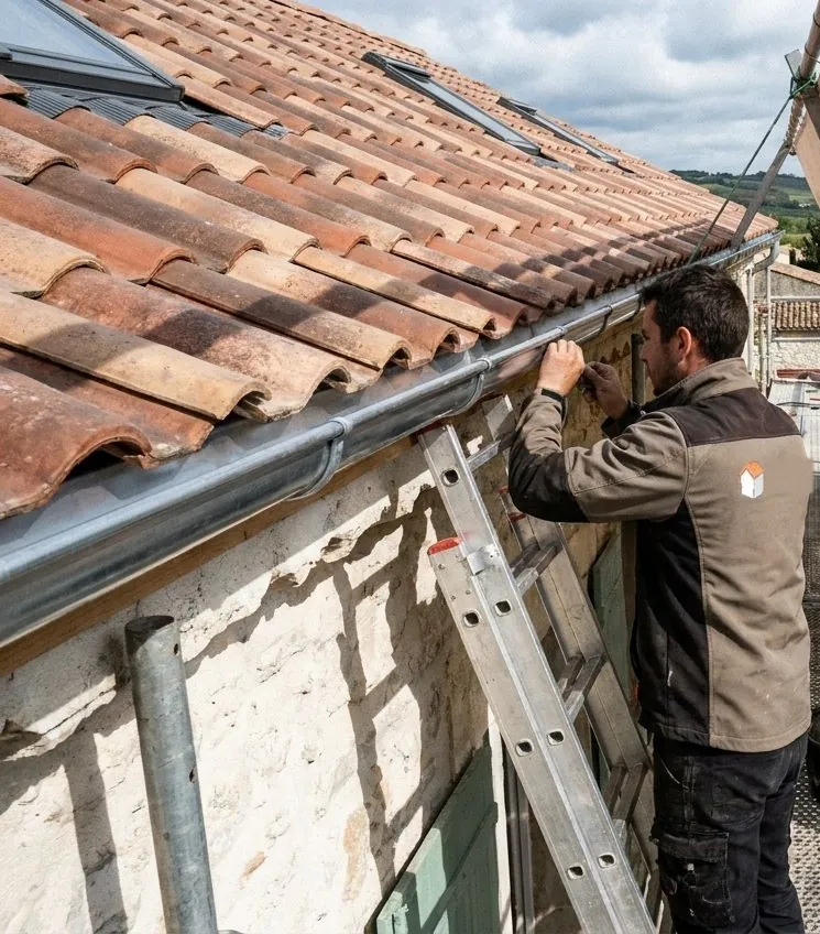 Couvreur zingueur posant une gouttière sous des tuiles canal sur une maison en pierre de la Drôme